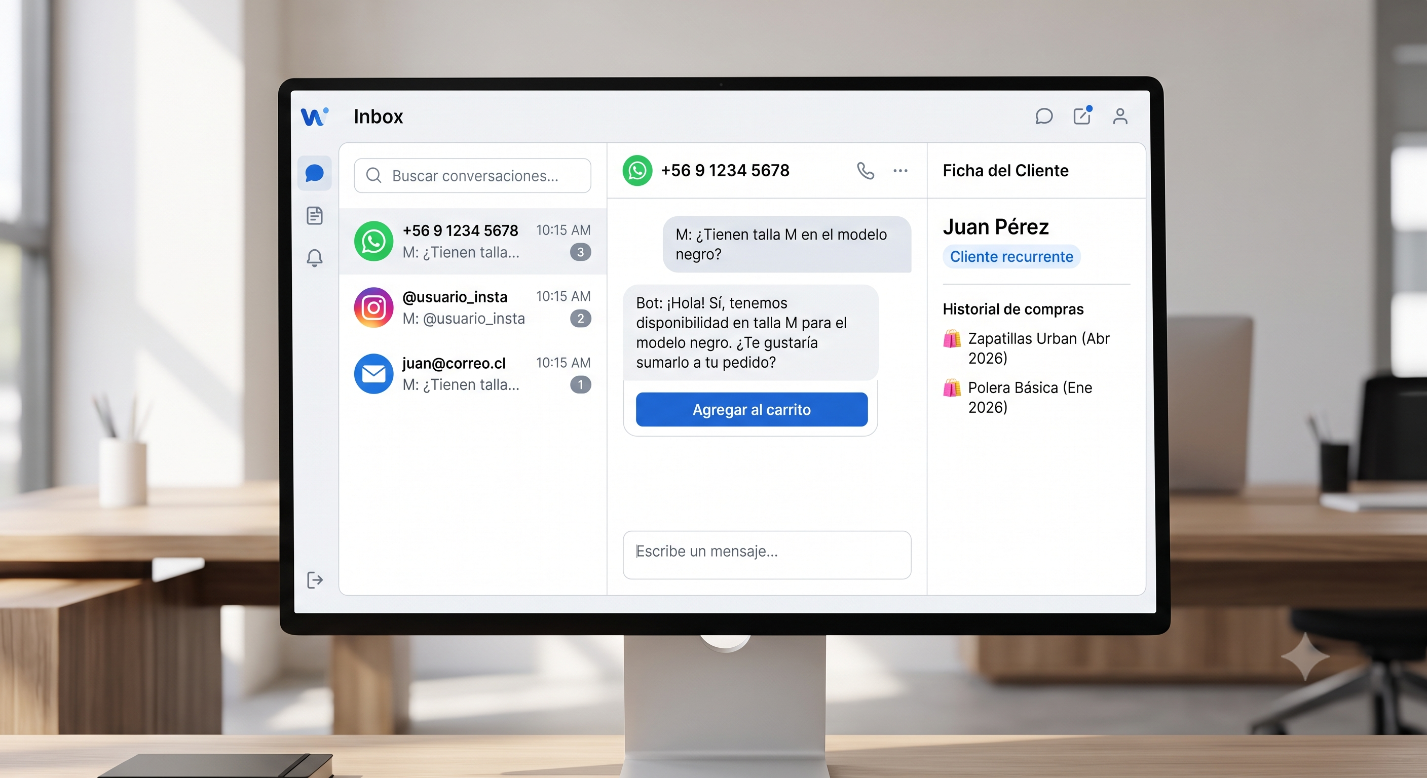 Interfaz de bandeja unificada Wizybot mostrando conversaciones de WhatsApp, Instagram y email integradas en un solo panel con información del cliente